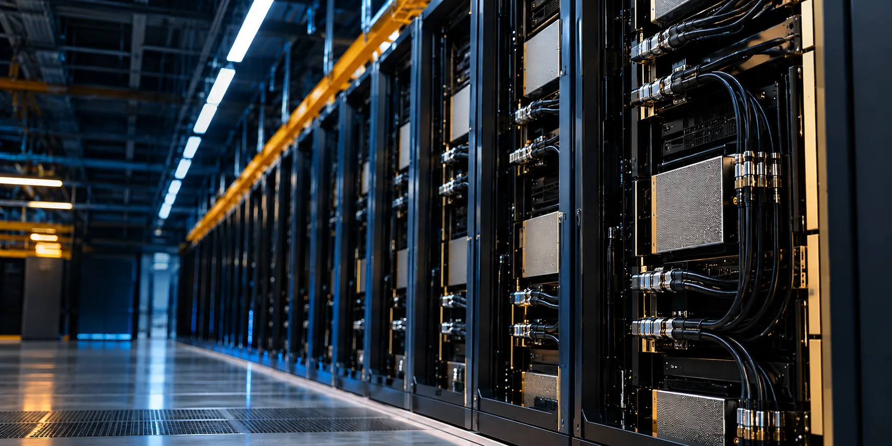 A row of liquid-cooled GPU racks in an AI data center hall