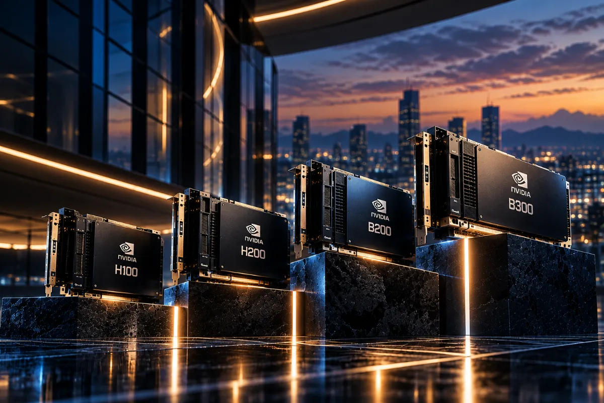 NVIDIA H100, H200, B200 and B300 GPUs lined up on pedestals against a city skyline