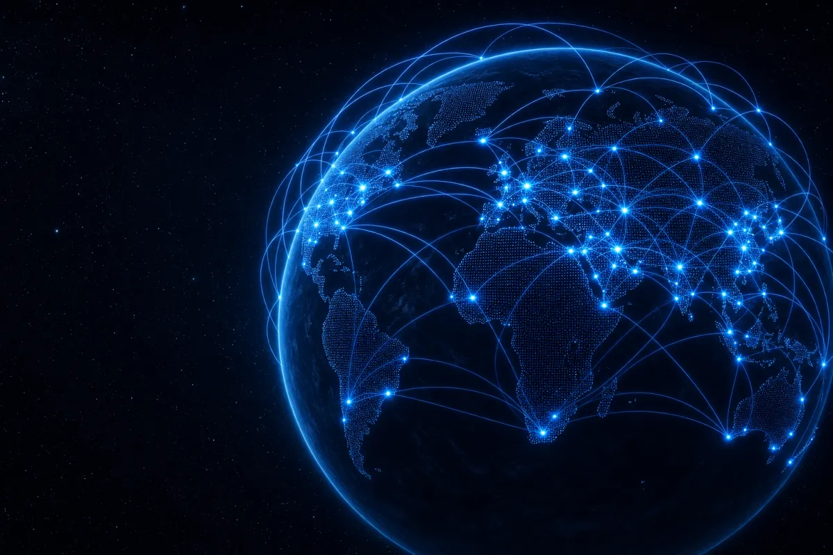A globe at night with compute nodes lit across every continent, linked by arcs of network traffic