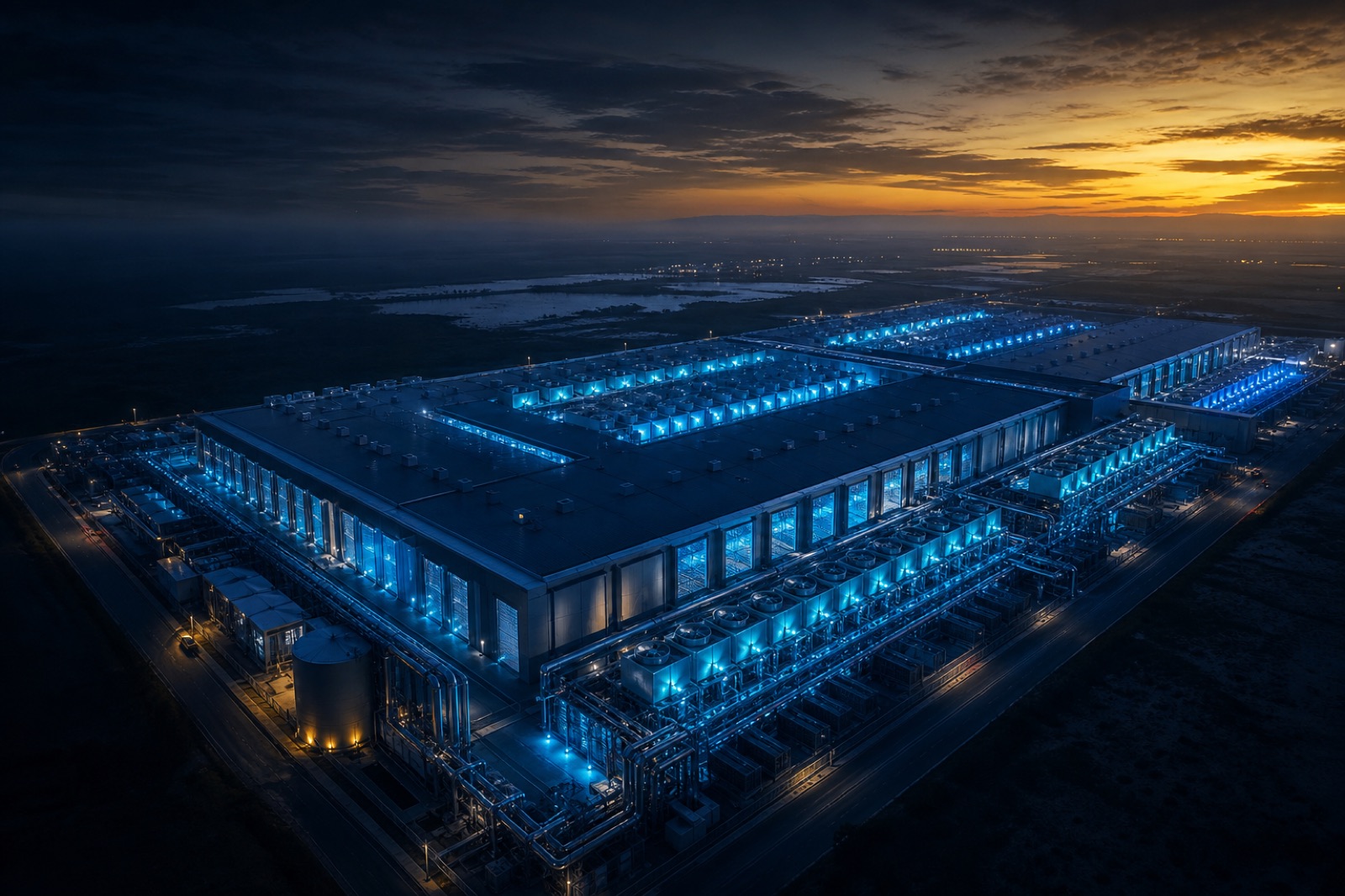 Hyperscale AI data center at dusk