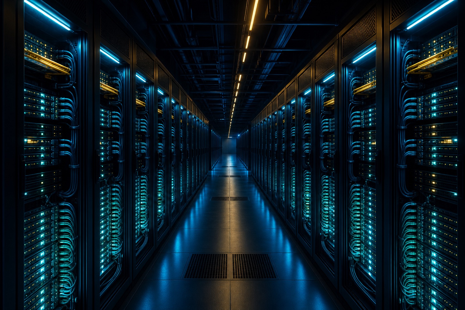GPU server hall with glowing racks
