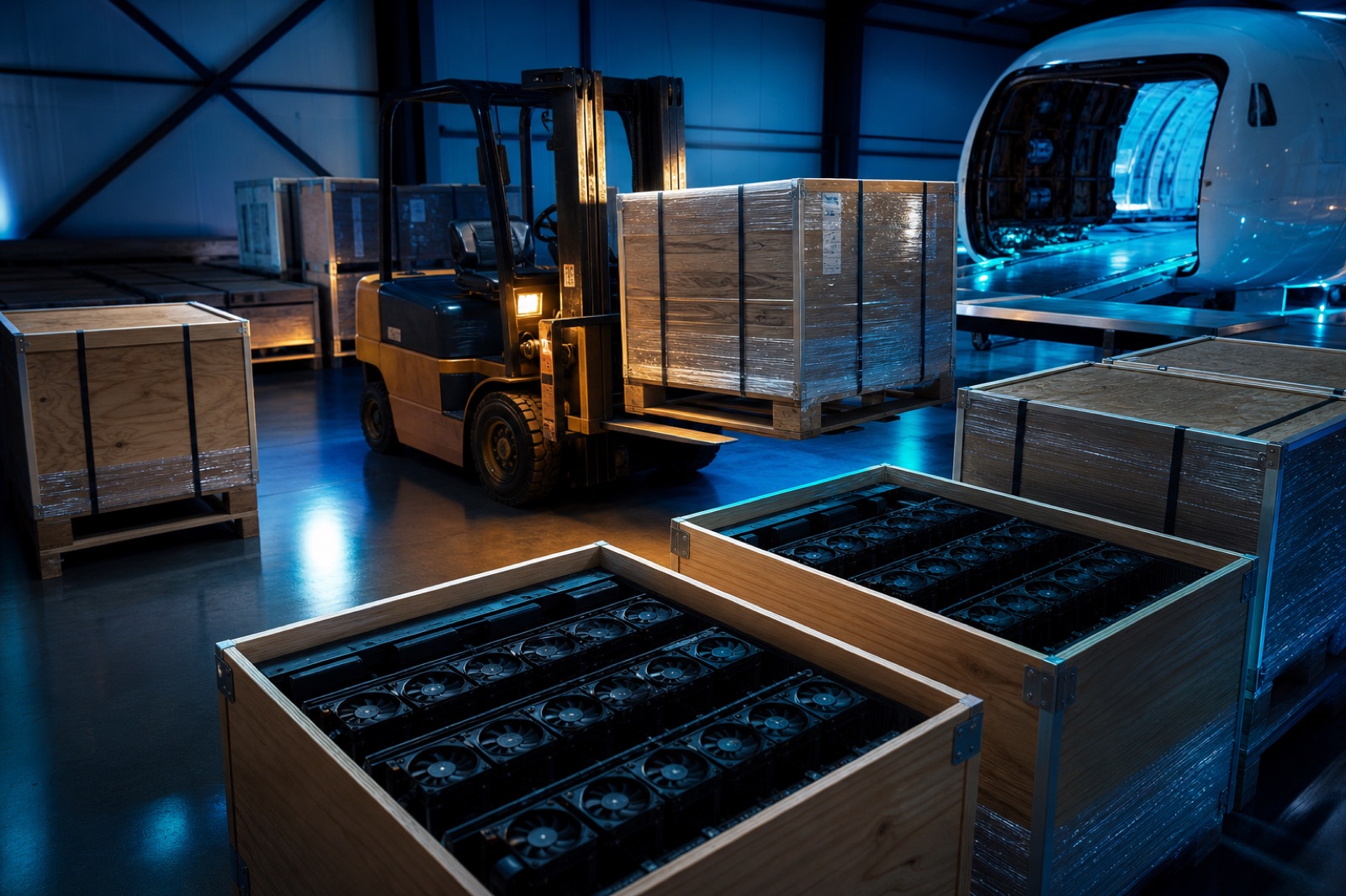 Crated GPU servers prepared for insured freight